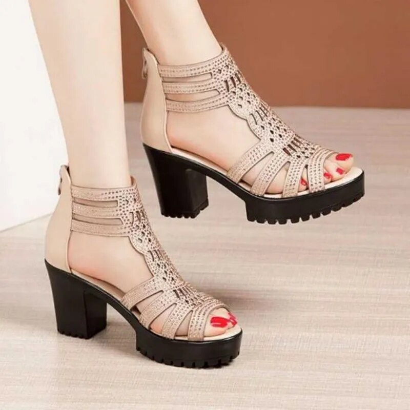 pantsparadises High Heels Gladiator Sandals Woman Open Head Sexy Black Rivet Block Heel Platform Shoes Summer Back Zip Size 35-40 Women Sandals