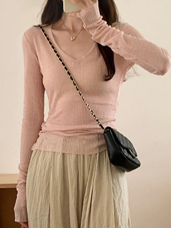 pantsparadises Ribbed V Neck Slim Long Sleeve Knit