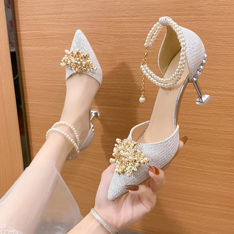 pantsparadises Ladies Shoes on Sale New Fashion Pointed Metal Beaded Solid Women's High Heels Summer Leisure Banquet Women Wedding Pump