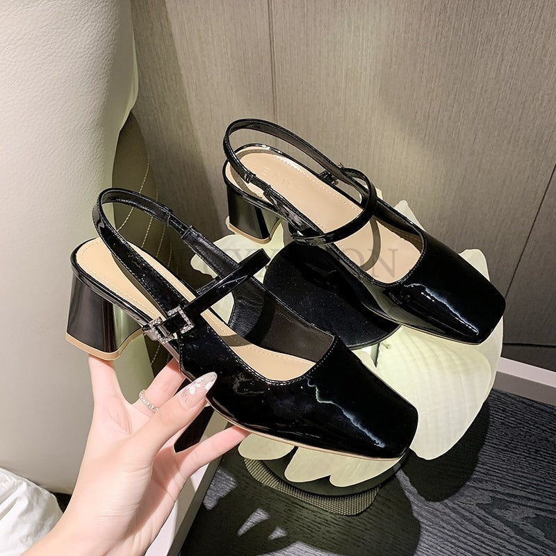 pantsparadises Mary Jane High Heel Sandals with Diamond Square Buckle Head and Skirt Style Women Shoes Fashionable Versatile Lolita 35-39