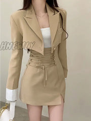 2 Piece Dress Set Women Casual Y2K Crop Tops Elegant Jacket Coats + Mini Skirts Korean Fashion