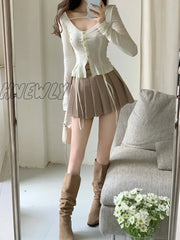 2 Piece Dress Set Women Slim Y2K Crop Tops Fashion Suits Long Sleeve Blouse + Short Skirts Sexy