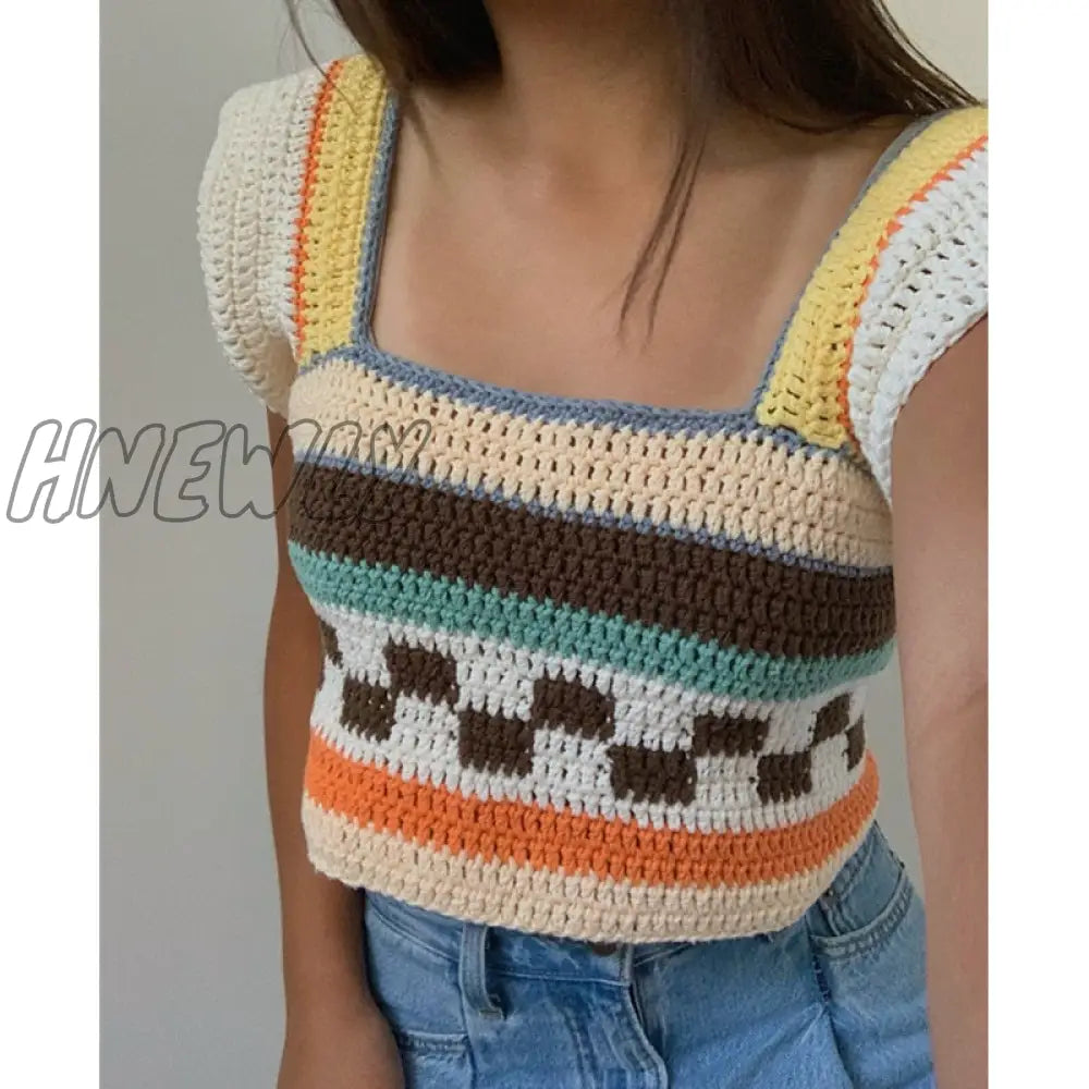 2000S Aesthetic Knitted Top New Summer Women Square Neck Contrast Color Crochet Tanks Y2K Fairy