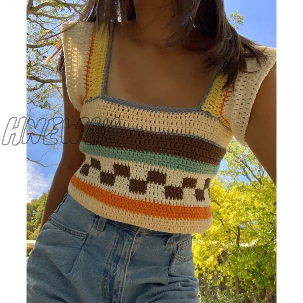 2000S Aesthetic Knitted Top New Summer Women Square Neck Contrast Color Crochet Tanks Y2K Fairy