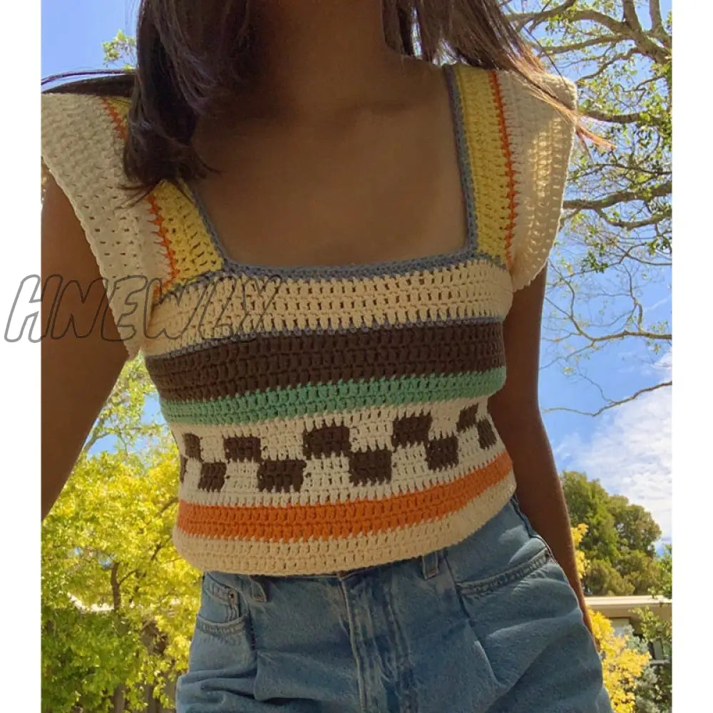 2000S Aesthetic Knitted Top New Summer Women Square Neck Contrast Color Crochet Tanks Y2K Fairy