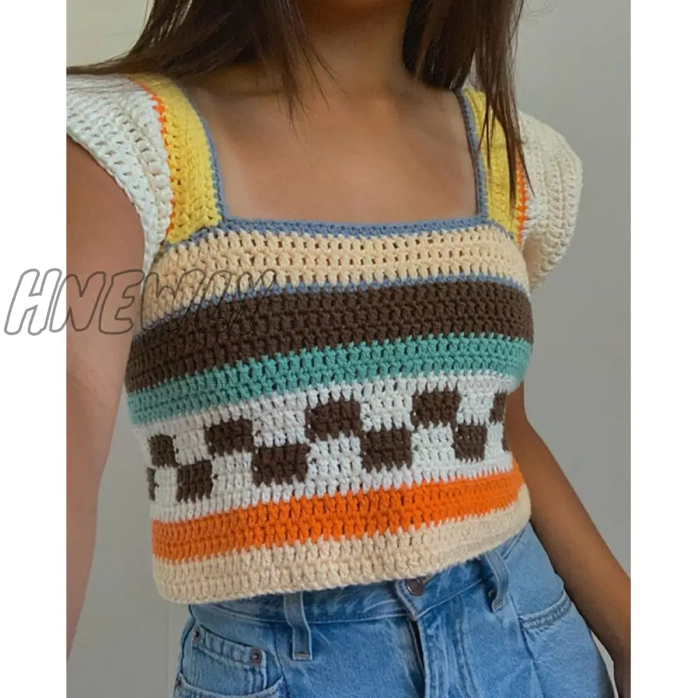 2000S Aesthetic Knitted Top New Summer Women Square Neck Contrast Color Crochet Tanks Y2K Fairy