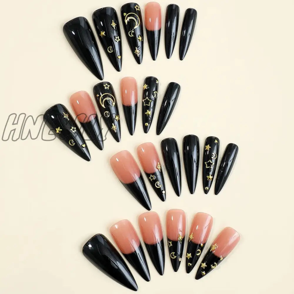 24Pc Halloween False Nails Long Almond Fake Nails Sharp Nail French Ballerina Diamond Press On