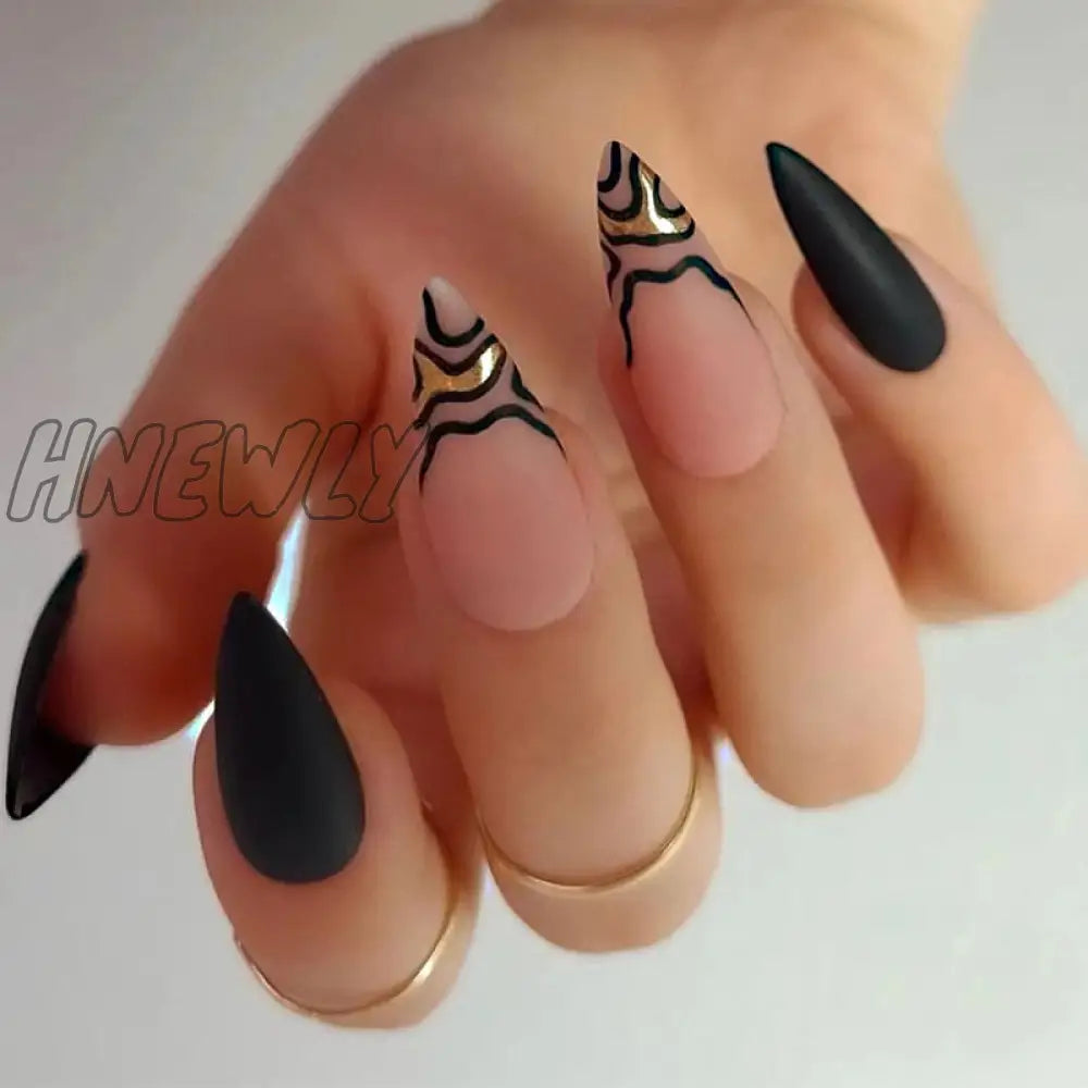 24Pc Stiletto French False Nails Black Edge Designs Fake Nail With Rhinestone Almond Full Cover