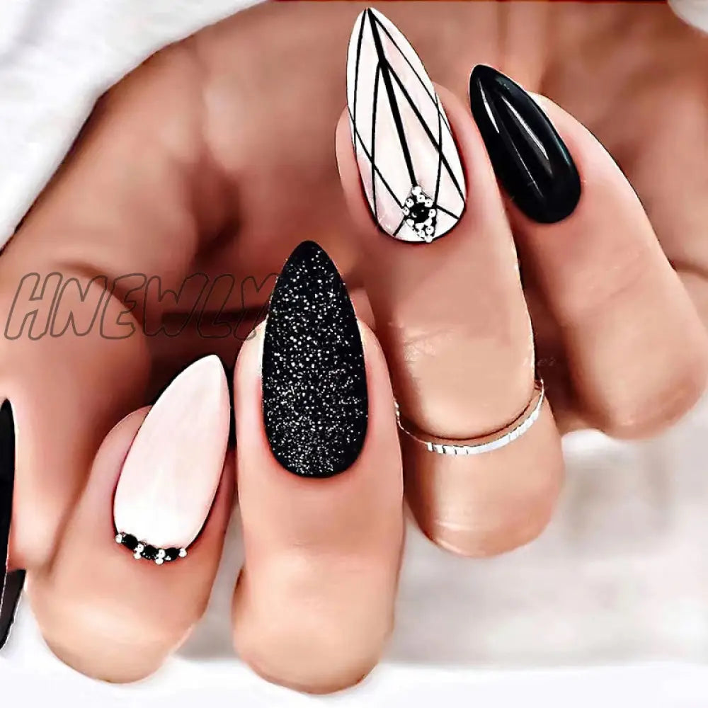 24Pc Stiletto French False Nails Black Edge Designs Fake Nail With Rhinestone Almond Full Cover