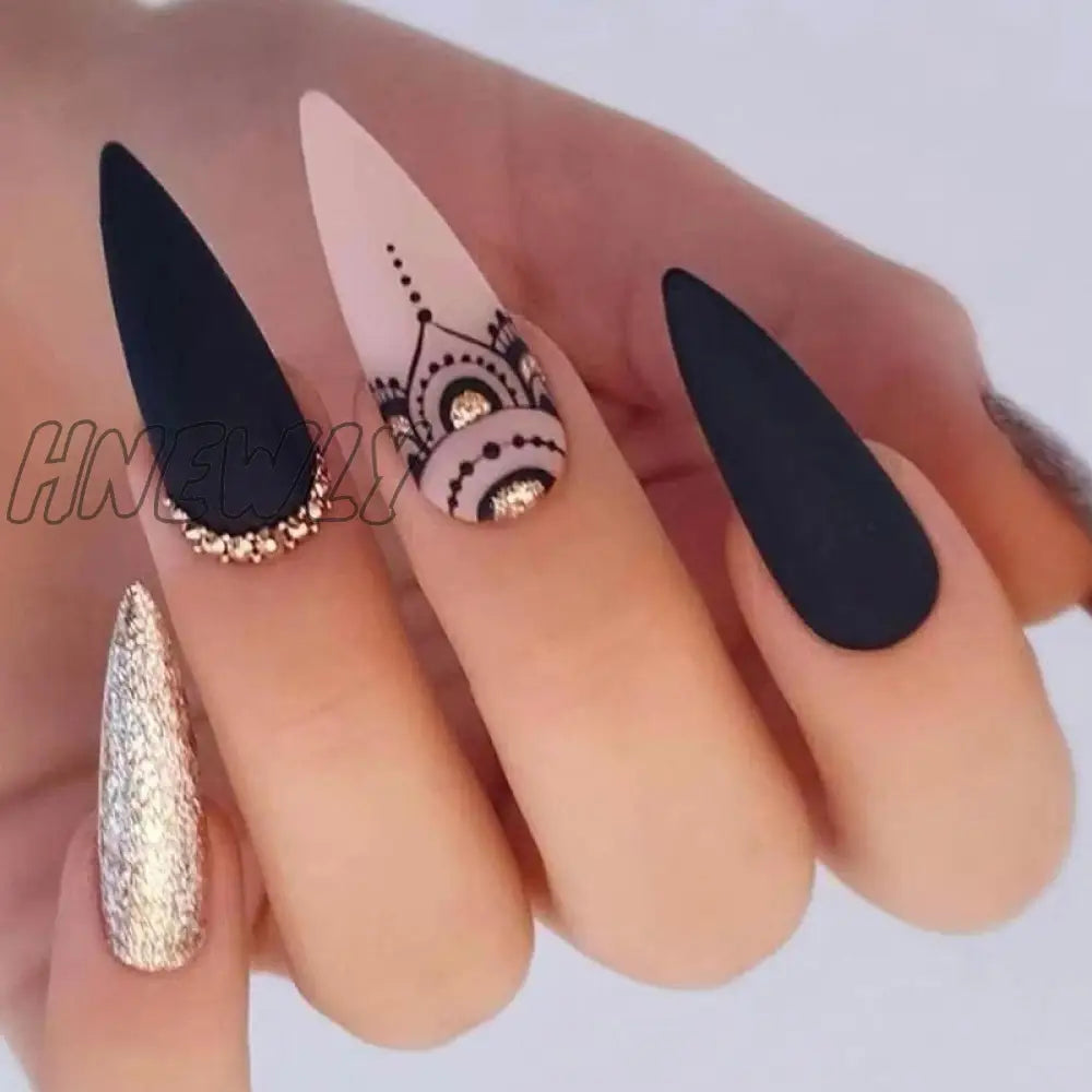 24Pc Stiletto French False Nails Black Edge Designs Fake Nail With Rhinestone Almond Full Cover