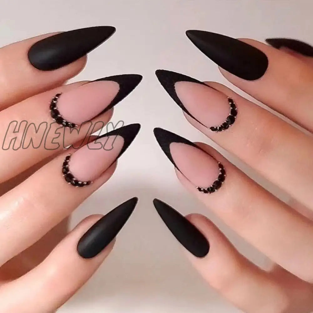 24Pc Stiletto French False Nails Black Edge Designs Fake Nail With Rhinestone Almond Full Cover