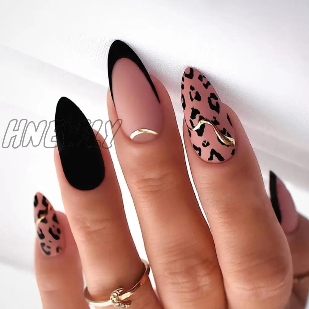 24Pc Stiletto French False Nails Black Edge Designs Fake Nail With Rhinestone Almond Full Cover