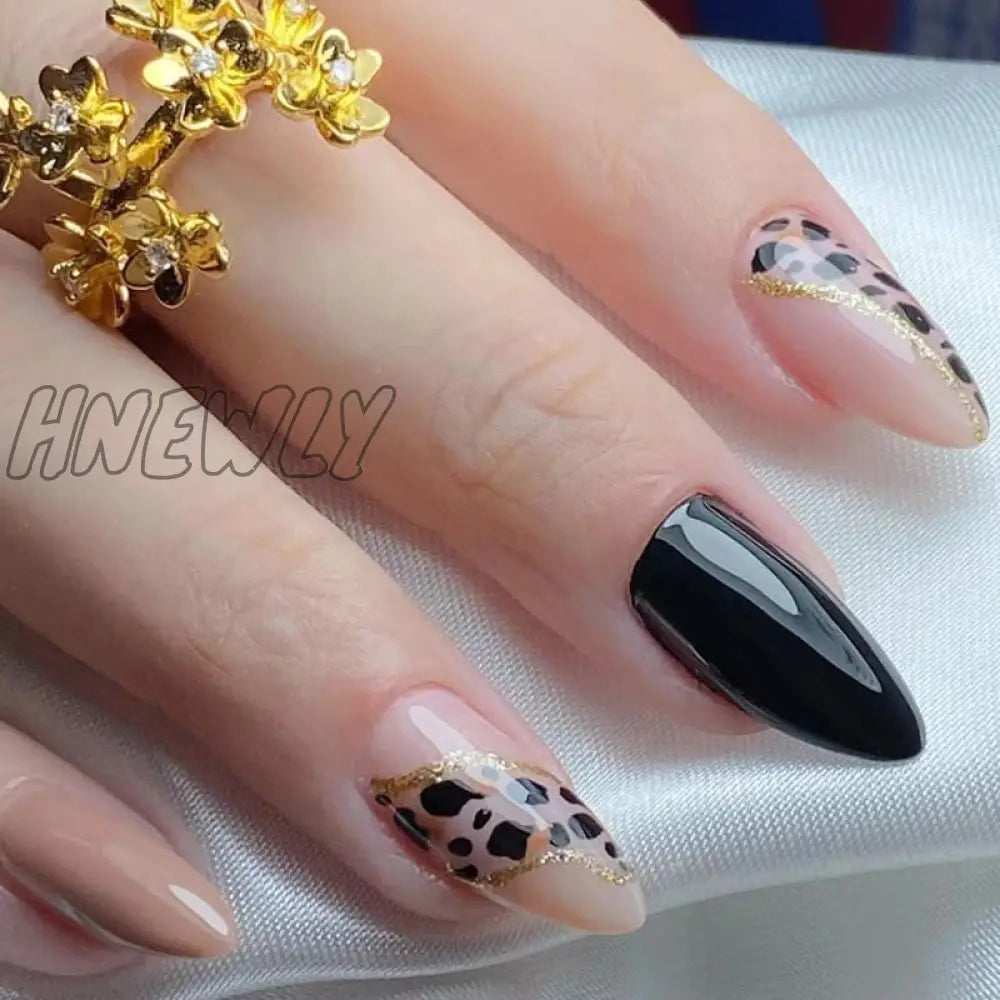 24Pc Stiletto French False Nails Black Edge Designs Fake Nail With Rhinestone Almond Full Cover