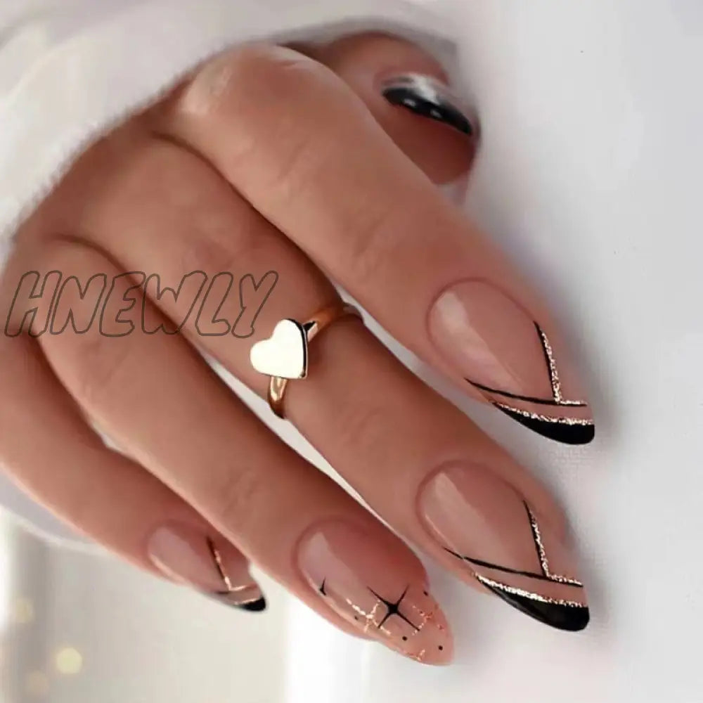 24Pc Stiletto French False Nails Black Edge Designs Fake Nail With Rhinestone Almond Full Cover