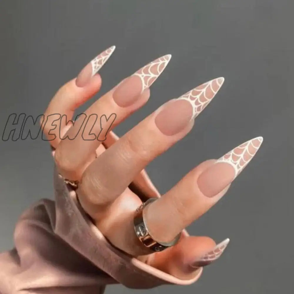 24Pc Stiletto French False Nails Black Edge Designs Fake Nail With Rhinestone Almond Full Cover