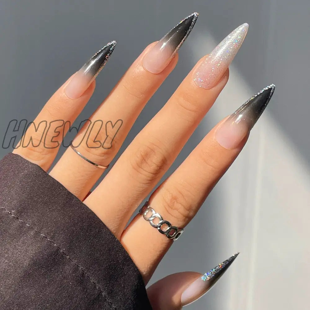 24Pc Stiletto French False Nails Black Edge Designs Fake Nail With Rhinestone Almond Full Cover