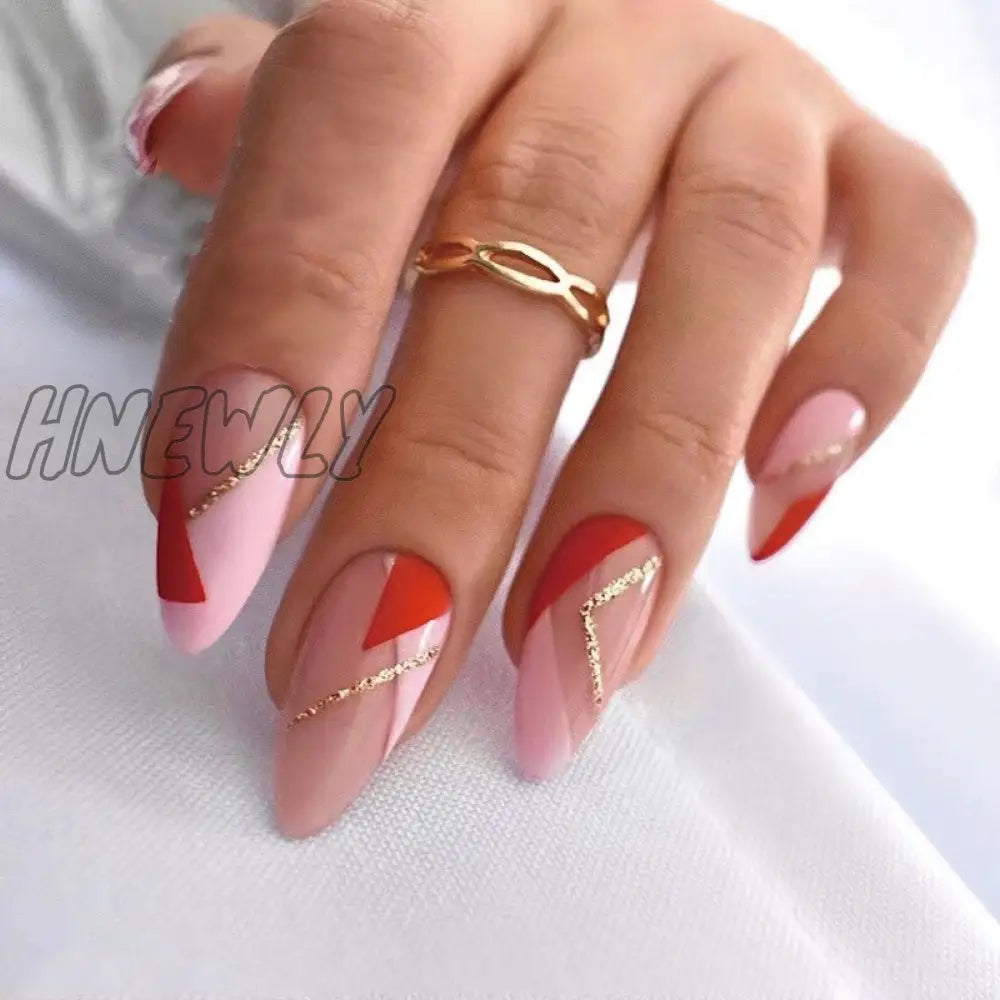 24Pcs Almond Fake Nails With Rhinestone Glitter Geometric Lines Design Press On Detachable Stiletto