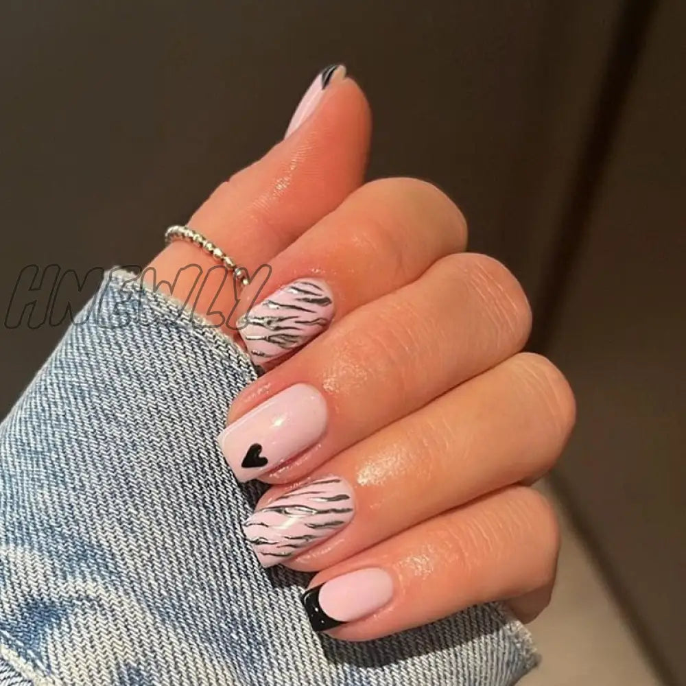 24Pcs Almond False Nails With Glue Green Stripe Design Fake Long Wearable Press On Acrylic Full