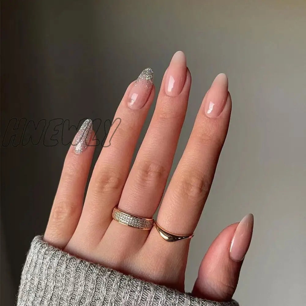 24Pcs Almond False Nails With Glue Green Stripe Design Fake Long Wearable Press On Acrylic Full