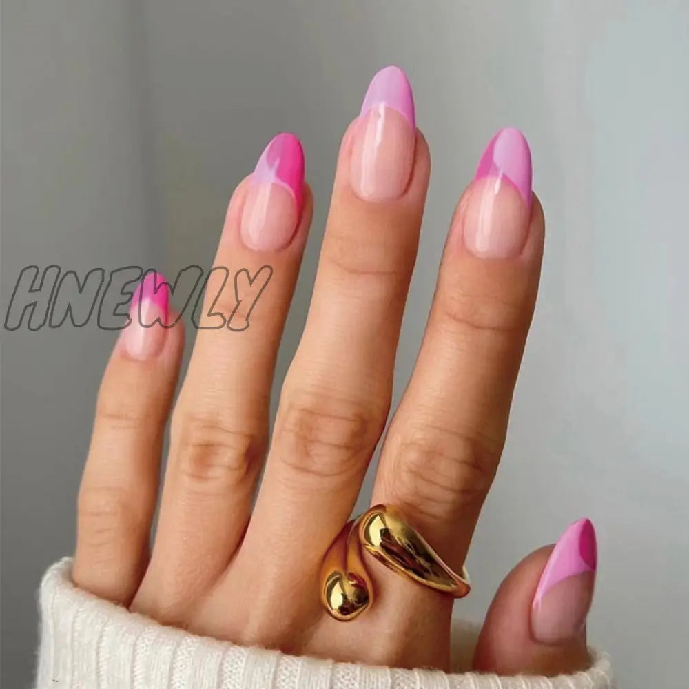 24Pcs Almond False Nails With Glue Green Stripe Design Fake Long Wearable Press On Acrylic Full