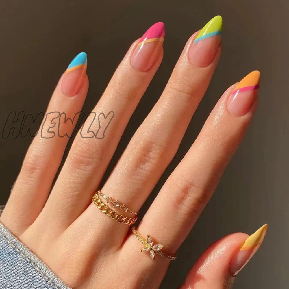 24Pcs Almond False Nails With Glue Green Stripe Design Fake Long Wearable Press On Acrylic Full