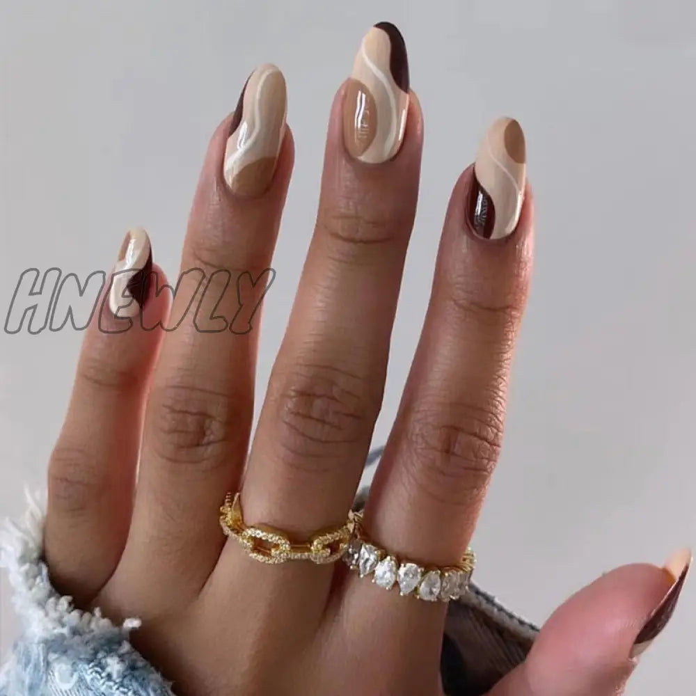 24Pcs Almond False Nails With Glue Green Stripe Design Fake Long Wearable Press On Acrylic Full