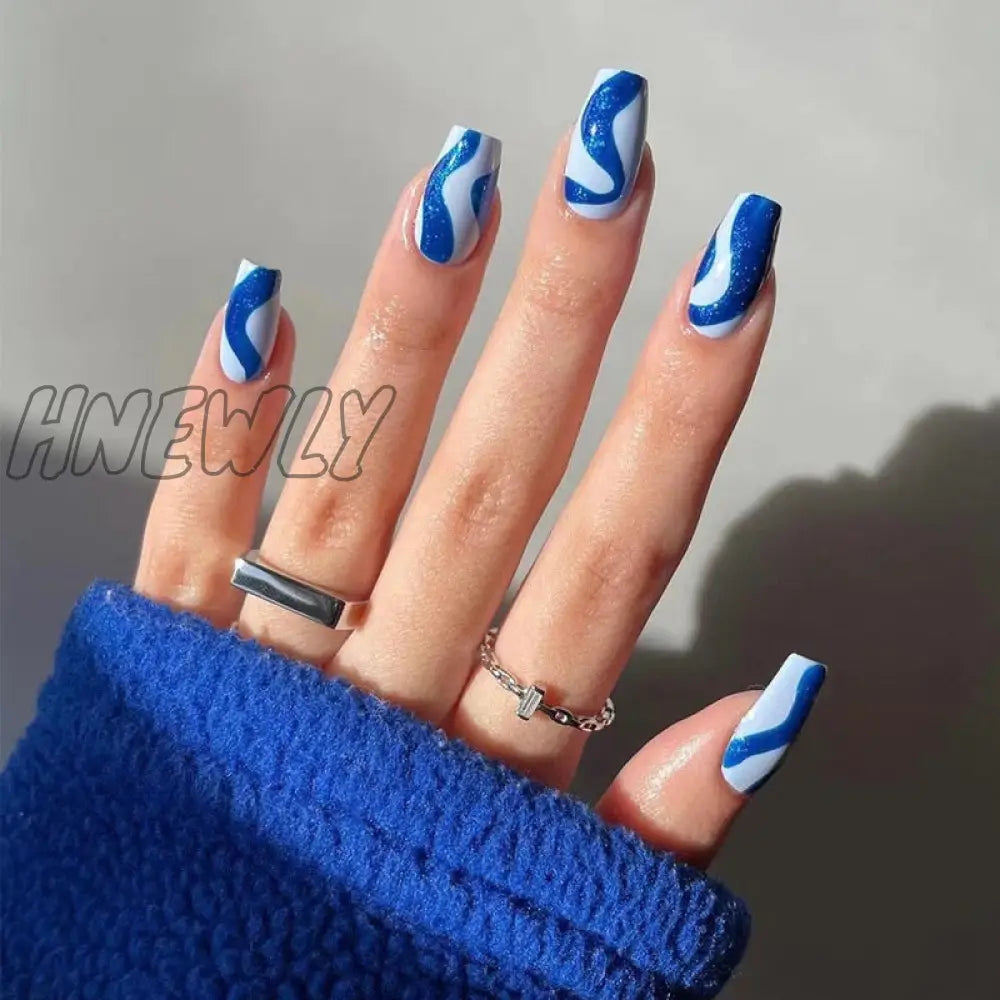 24Pcs Almond False Nails With Glue Green Stripe Design Fake Long Wearable Press On Acrylic Full