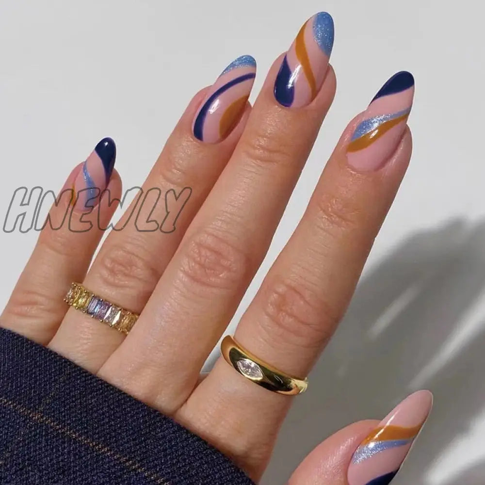 24Pcs Almond False Nails With Glue Green Stripe Design Fake Long Wearable Press On Acrylic Full