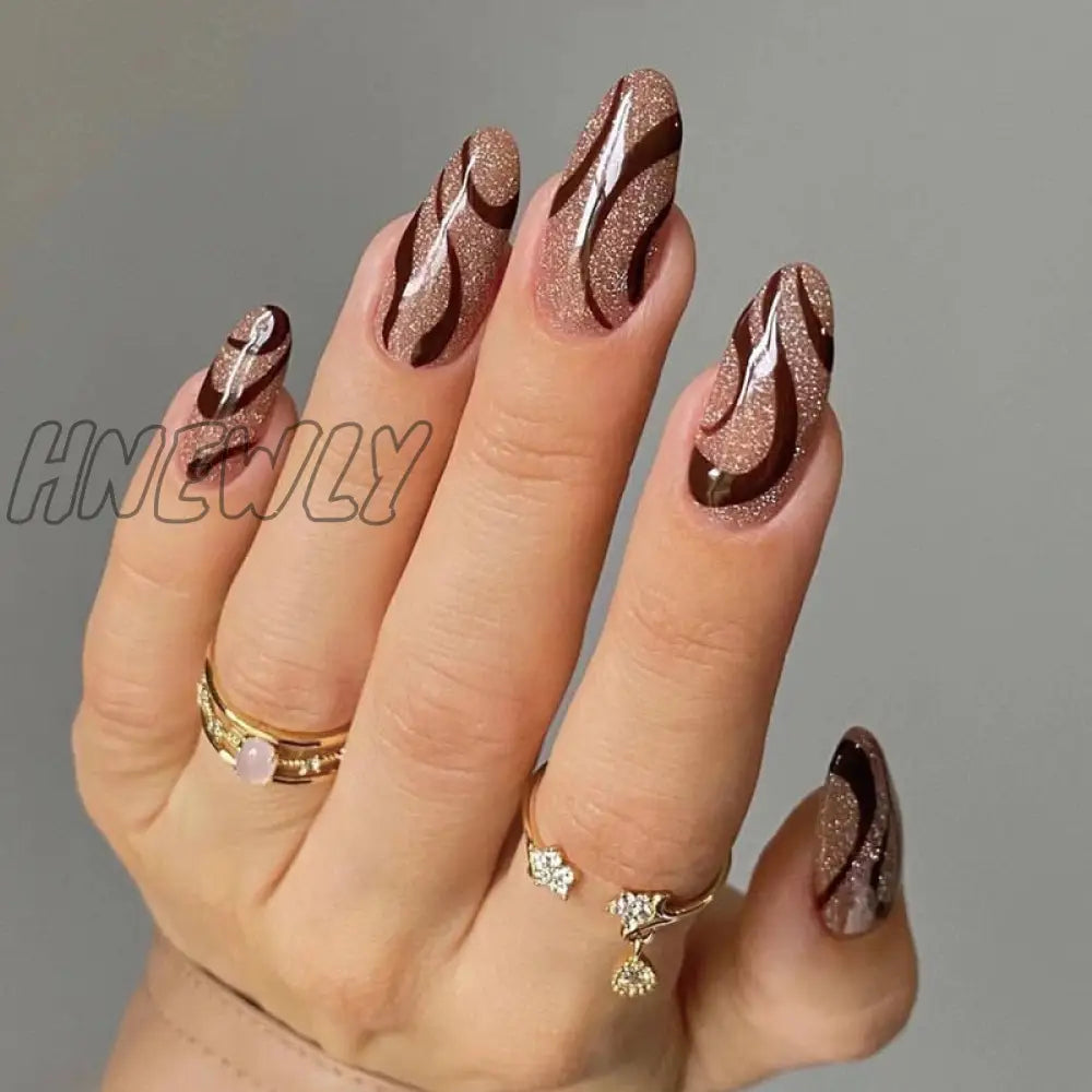 24Pcs Almond False Nails With Glue Green Stripe Design Fake Long Wearable Press On Acrylic Full