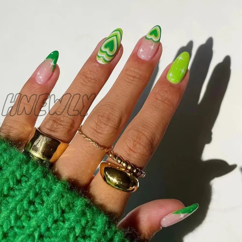 24Pcs Almond False Nails With Glue Green Stripe Design Fake Long Wearable Press On Acrylic Full