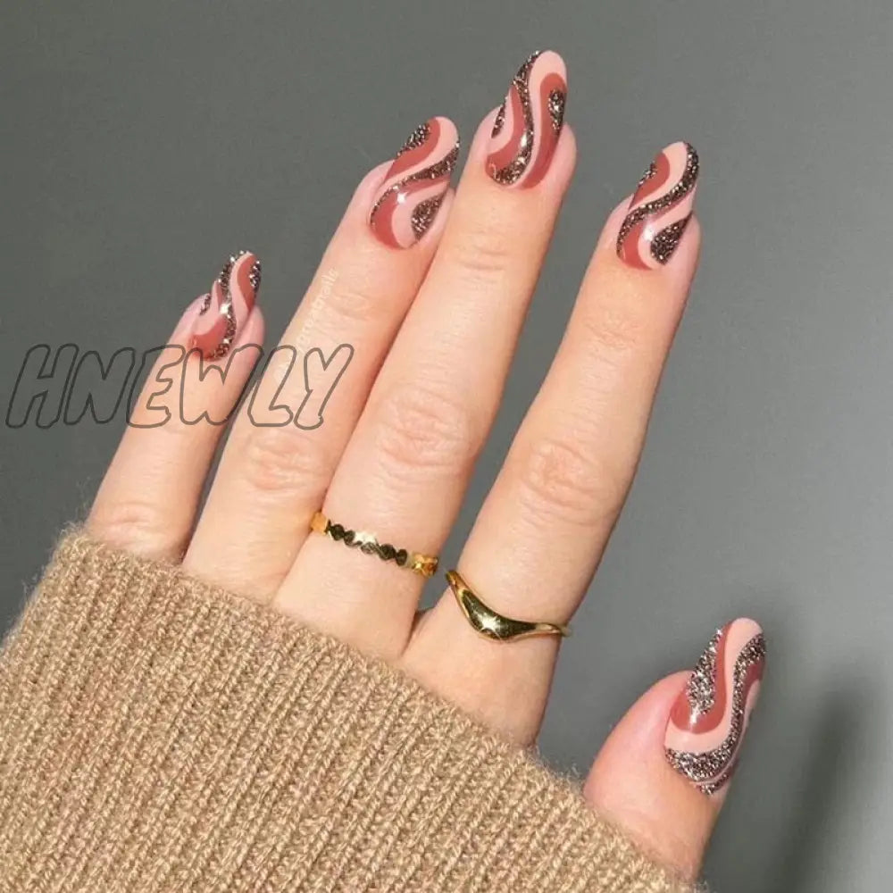 24Pcs Almond False Nails With Glue Green Stripe Design Fake Long Wearable Press On Acrylic Full