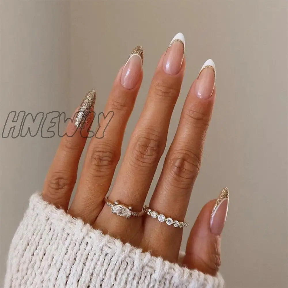 24Pcs Almond False Nails With Glue Green Stripe Design Fake Long Wearable Press On Acrylic Full