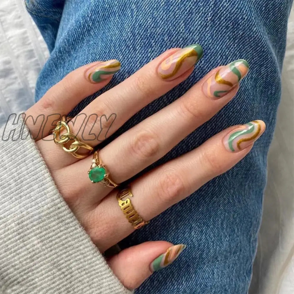 24Pcs Almond False Nails With Glue Green Stripe Design Fake Long Wearable Press On Acrylic Full