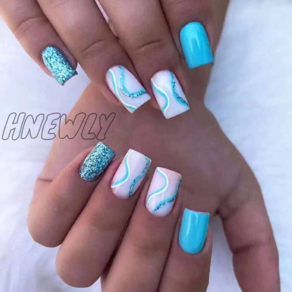 24Pcs Almond False Nails With Glue Green Stripe Design Fake Long Wearable Press On Acrylic Full