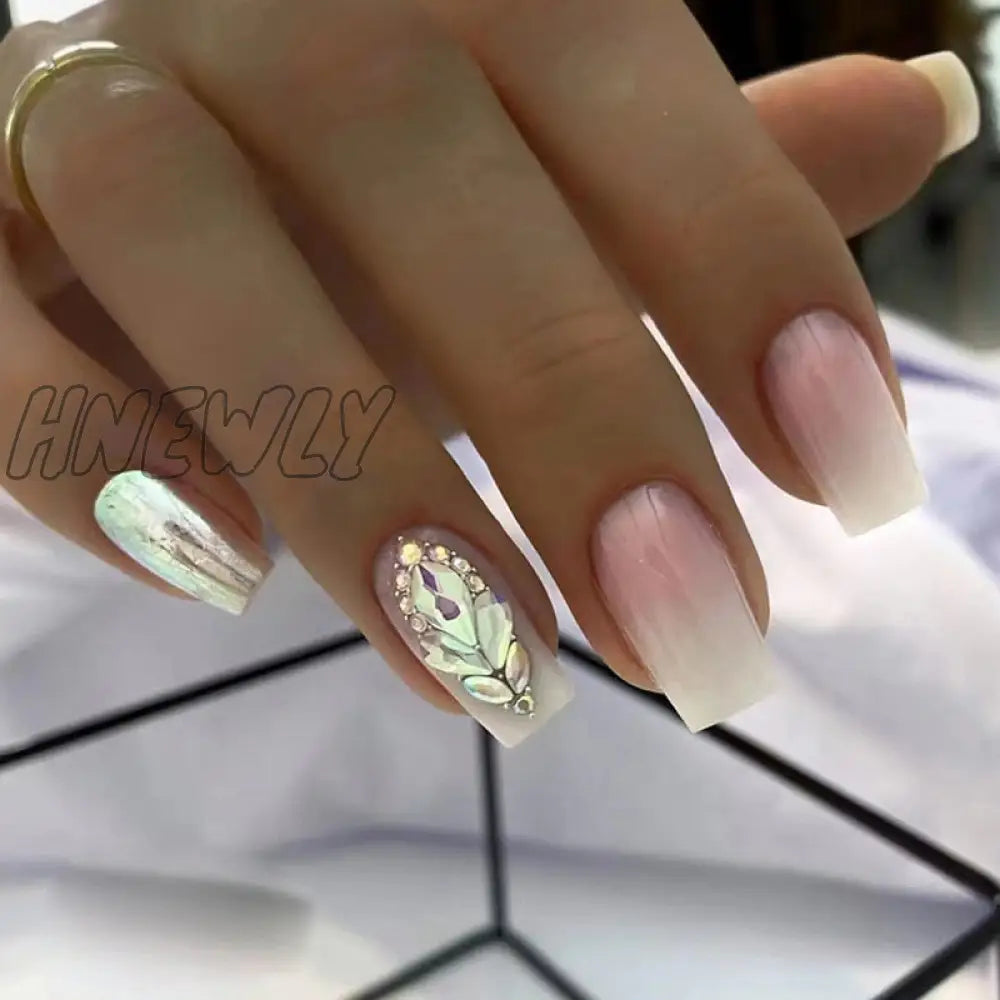 24Pcs Almond False Nails With Glue Green Stripe Design Fake Long Wearable Press On Acrylic Full