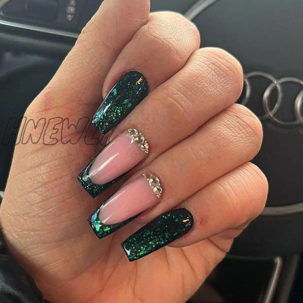 24Pcs Almond False Nails With Glue Green Stripe Design Fake Long Wearable Press On Acrylic Full