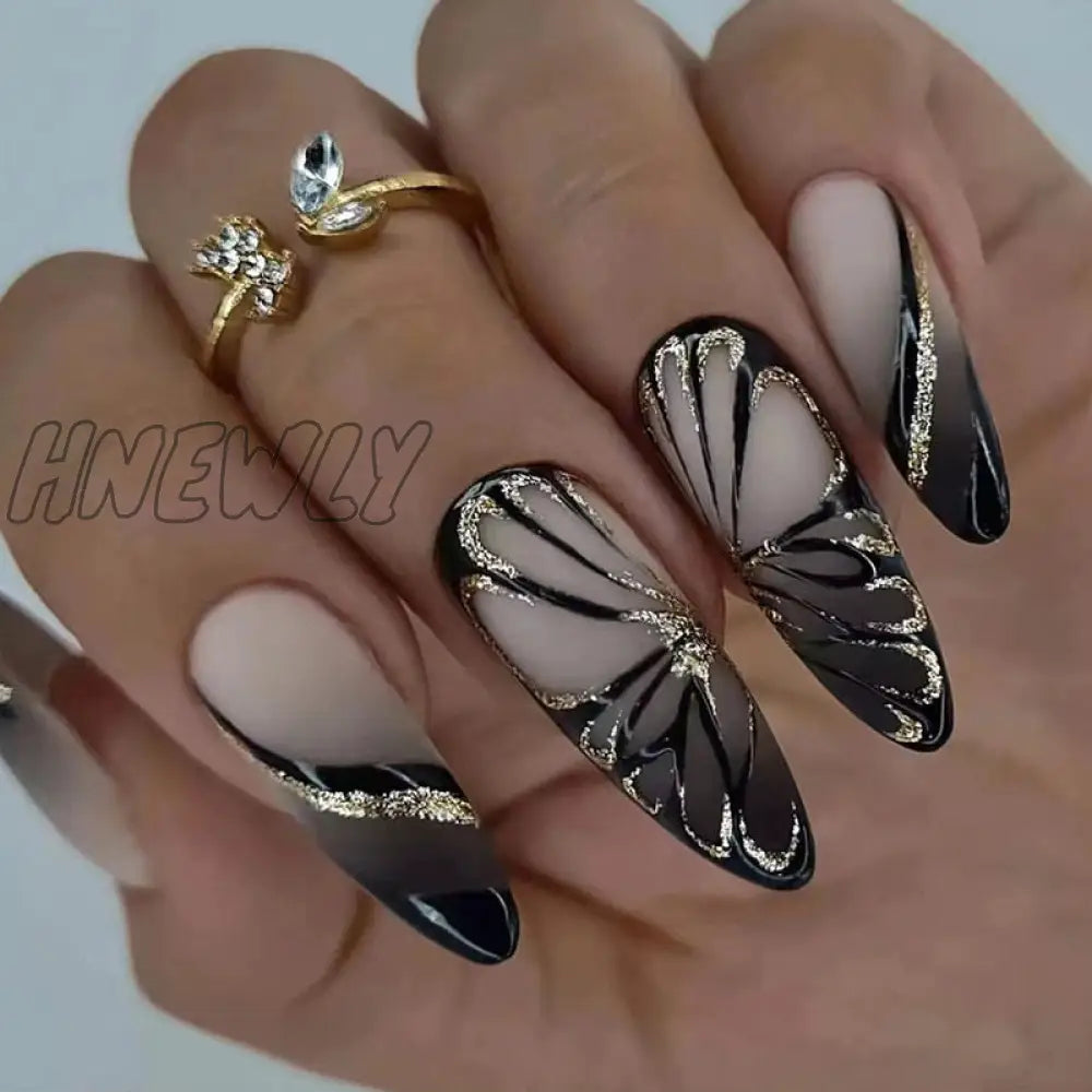 24Pcs Almond False Nails With Glue Wearable Stiletto Fake Nail Butterfly Design French Press On