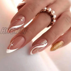 24Pcs Almond False Nails With Glue Wearable Stiletto Fake Nail Butterfly Design French Press On