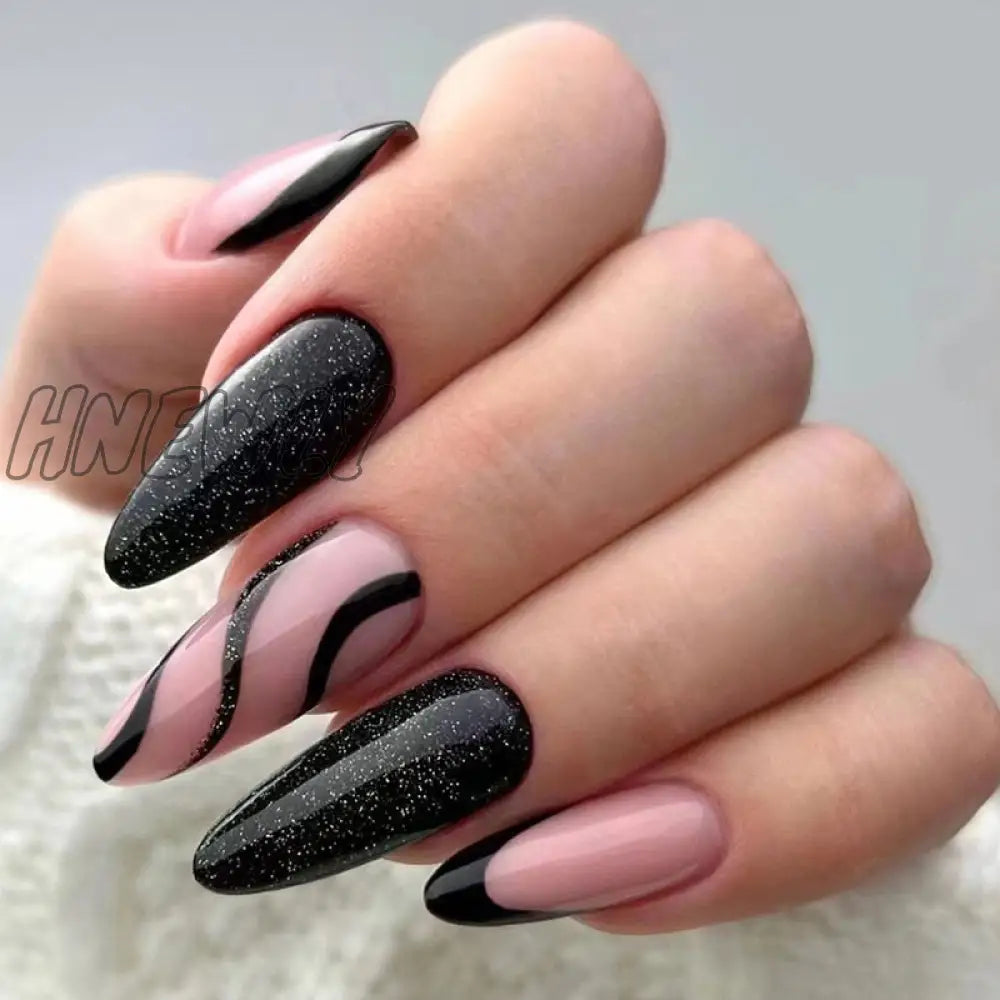 24Pcs Almond False Nails With Glue Wearable Stiletto Fake Nail Butterfly Design French Press On