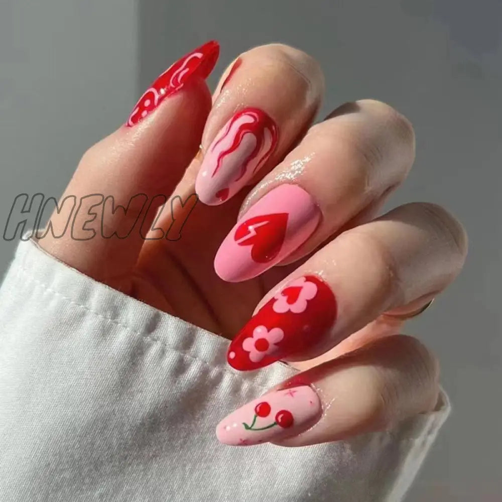 24Pcs Almond False Nails With Glue Wearable Stiletto Fake Nail Butterfly Design French Press On