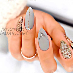 24Pcs Almond False Nails With Rhinestone Long Stiletto Fake Gold Glitter Powder Design Press On