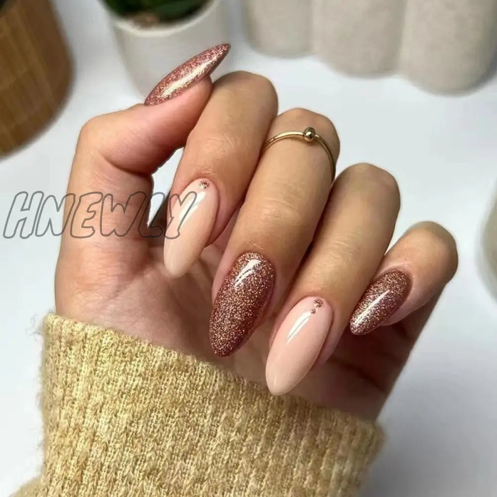 24Pcs Almond False Nails With Rhinestone Long Stiletto Fake Gold Glitter Powder Design Press On