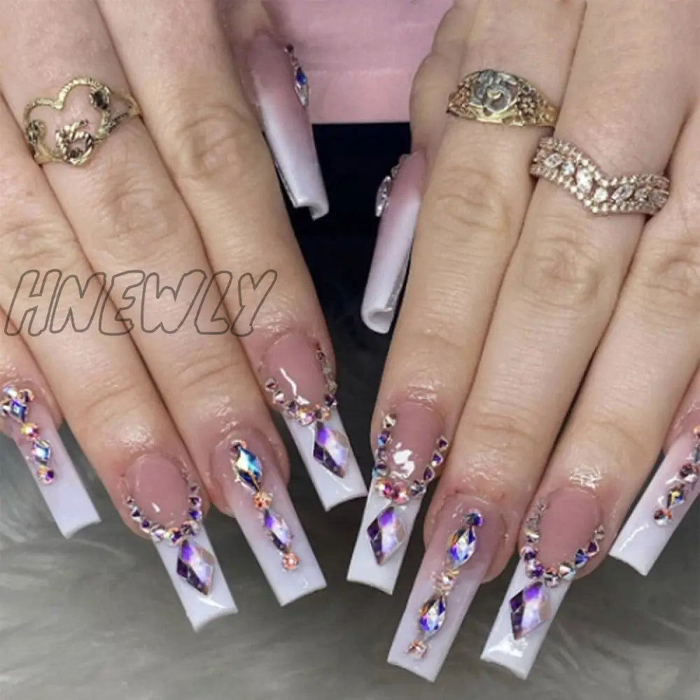 24Pcs Ballet Full Cover Fake Nails Flower Butterfly Design With Rhinestones False Wearable Press On