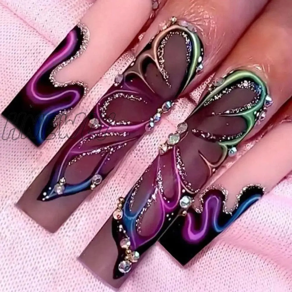 24Pcs Ballet Full Cover Fake Nails Flower Butterfly Design With Rhinestones False Wearable Press On