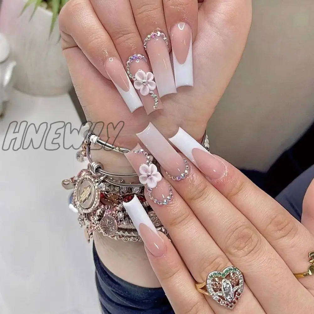 24Pcs Ballet Full Cover Fake Nails Flower Butterfly Design With Rhinestones False Wearable Press On