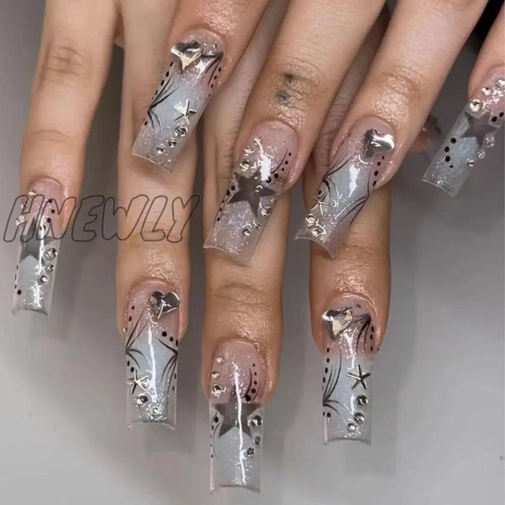 24Pcs Ballet Full Cover Fake Nails Flower Butterfly Design With Rhinestones False Wearable Press On