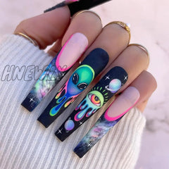 24Pcs Black Ballet False Nails Long Coffin Nail Tips Detachable Press On Diy Manicure Colorful Eyes