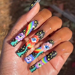 24Pcs Black Ballet False Nails Long Coffin Nail Tips Detachable Press On Diy Manicure Colorful Eyes