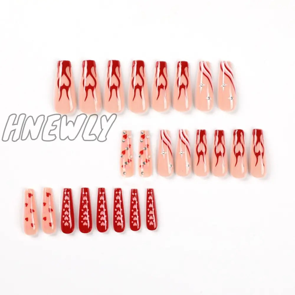 24Pcs/Box Long T Handmade Valentine’s Day French Flame Wave Love With Diamond False Nail