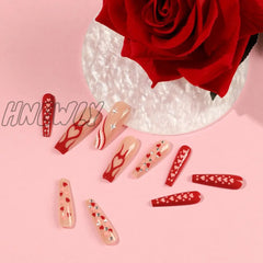 24Pcs/Box Long T Handmade Valentine’s Day French Flame Wave Love With Diamond False Nail